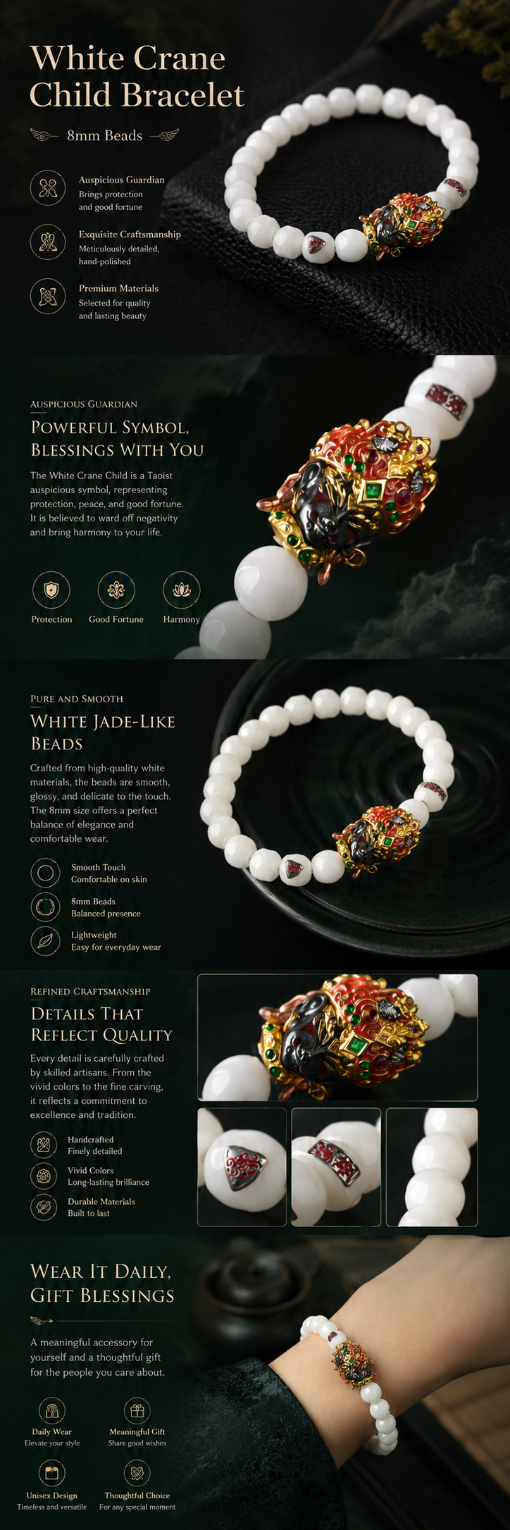 White Crane Child Motif Bracelet 8mm