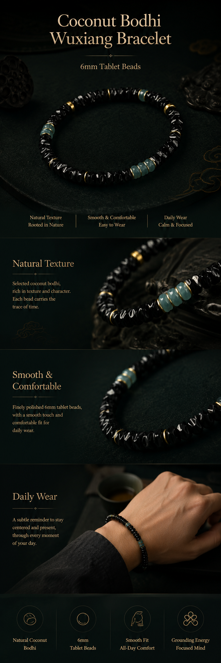 Coconut Shell Wuxiang Tablet Bracelet 6mm