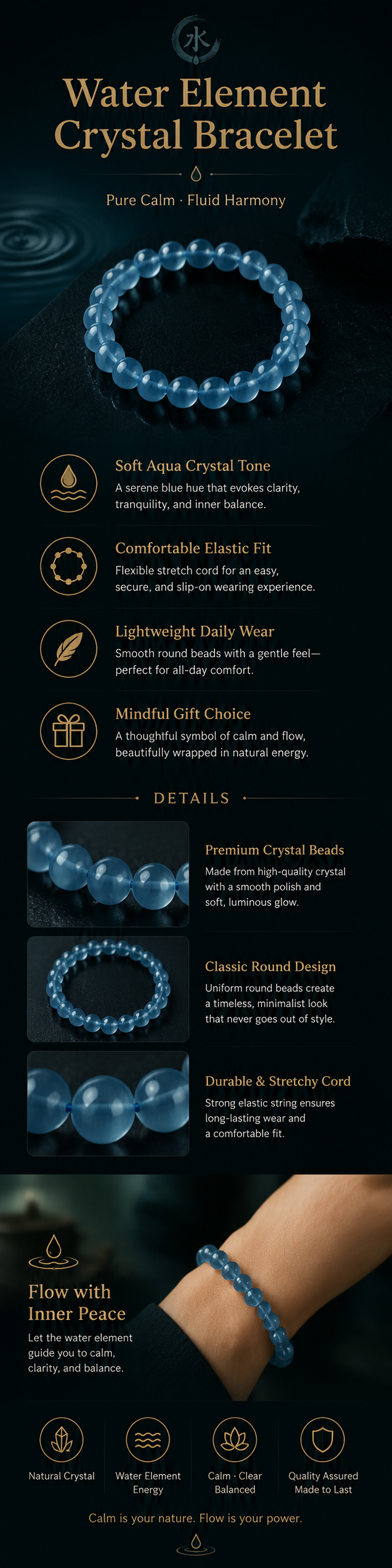Water element crystal bracelet with blue beads for flow and stillness symbolism