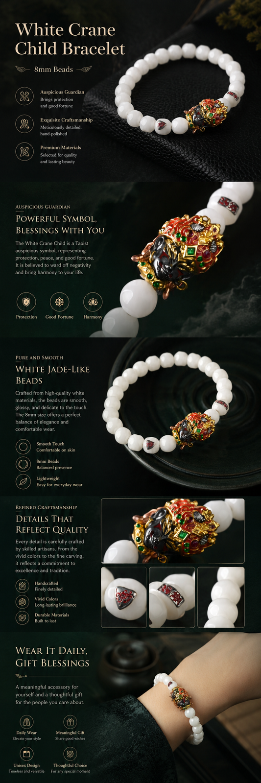 White Crane Child Motif Bracelet 8mm