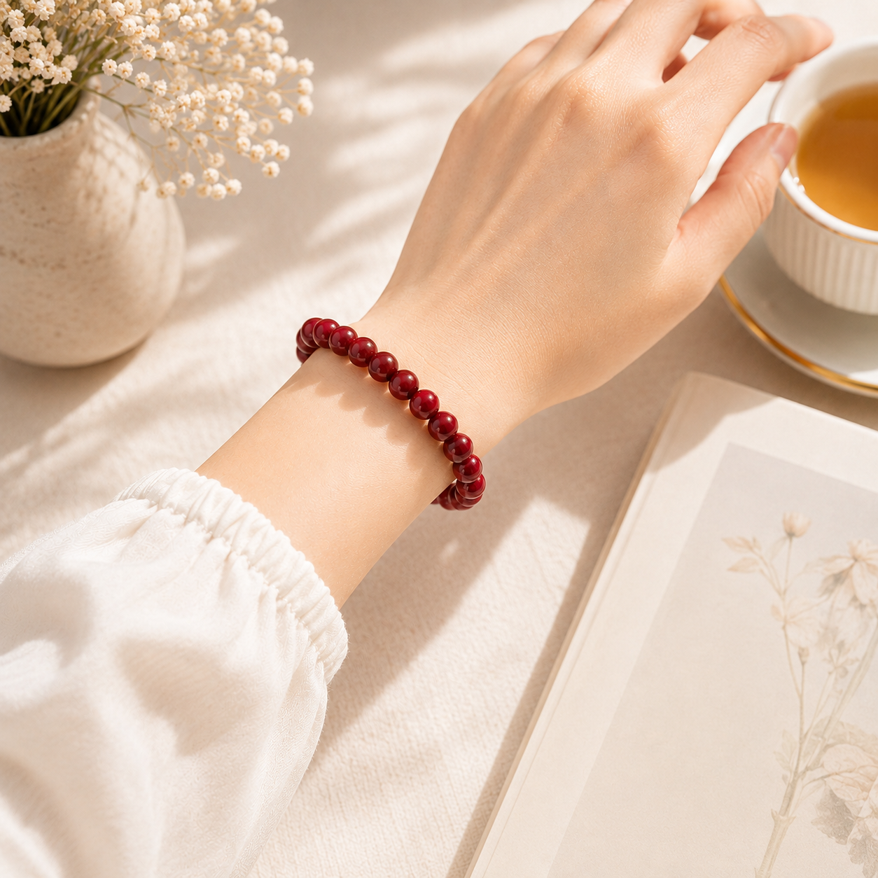 Cinnabar Plain Bead Bracelet product image 2 - Daoist Roots