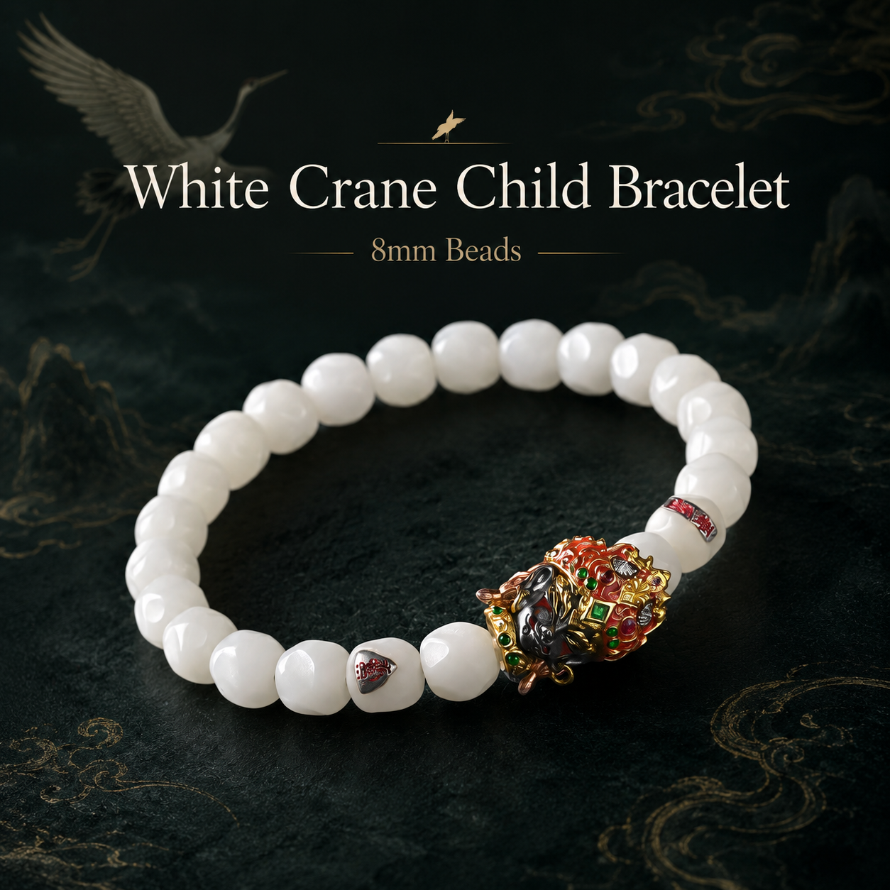 White Crane Child Motif Bracelet 8mm