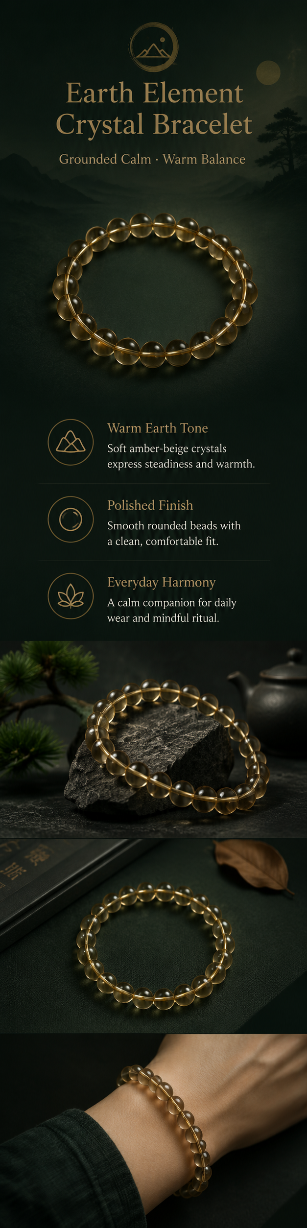 Earth element crystal bracelet with warm beads for grounding and center-earth symbolism