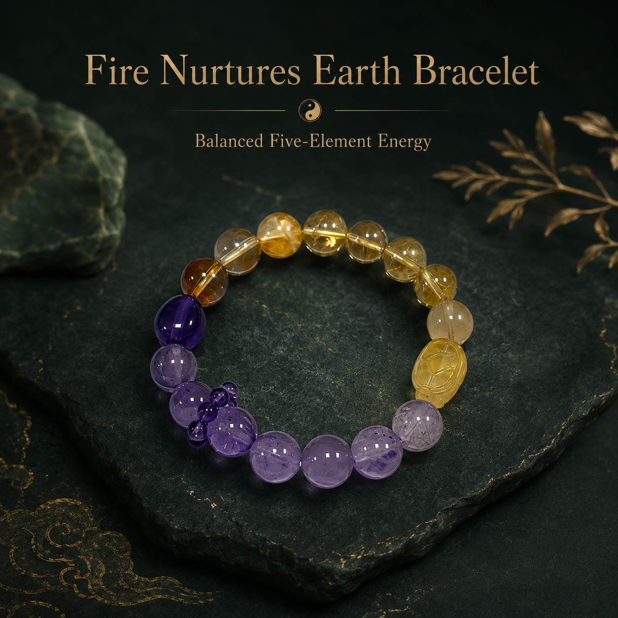 Fire creates Earth crystal bracelet with purple and golden beads