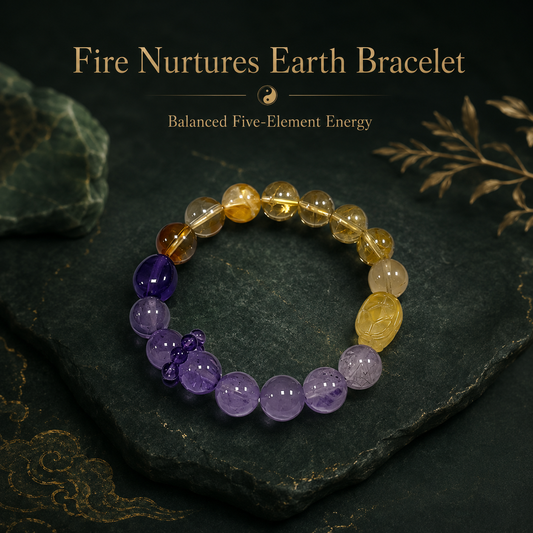 Fire creates Earth crystal bracelet with purple and golden beads