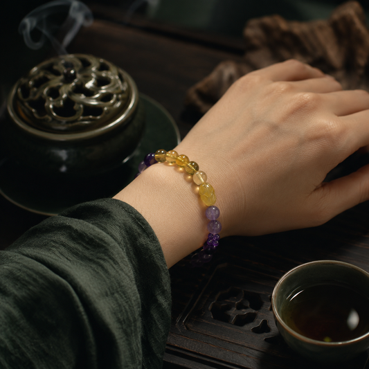 Fire creates Earth crystal bracelet with purple and golden beads image 2