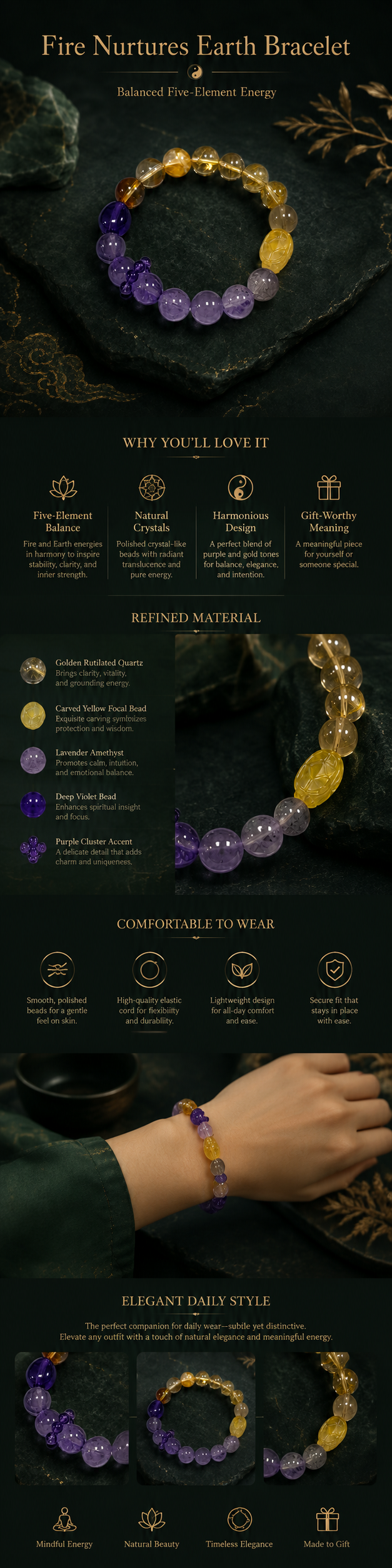 Fire creates Earth crystal bracelet with purple and golden beads image 3