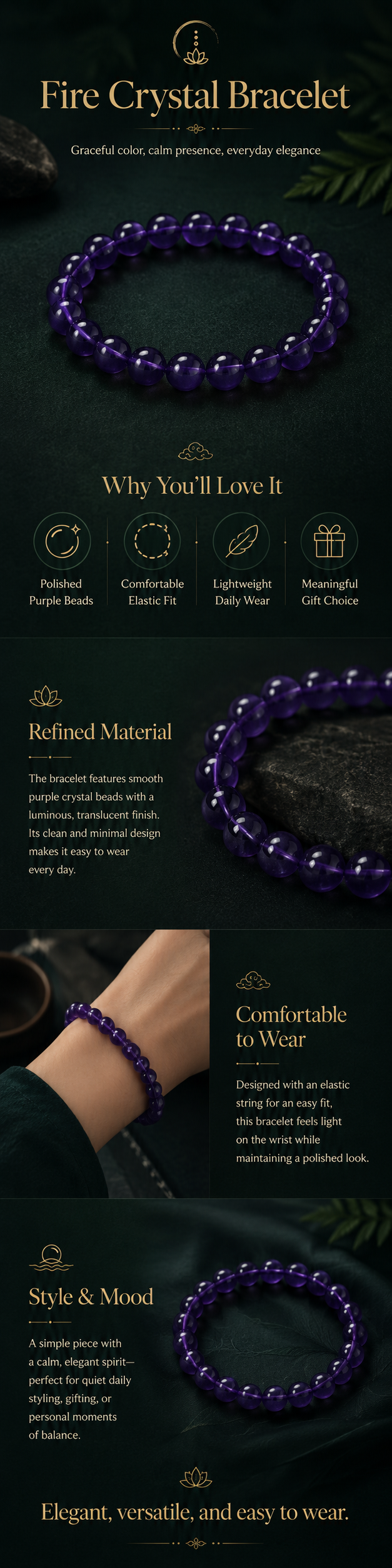 Fire element crystal bracelet with purple beads for illumination and ritual warmth symbolism
