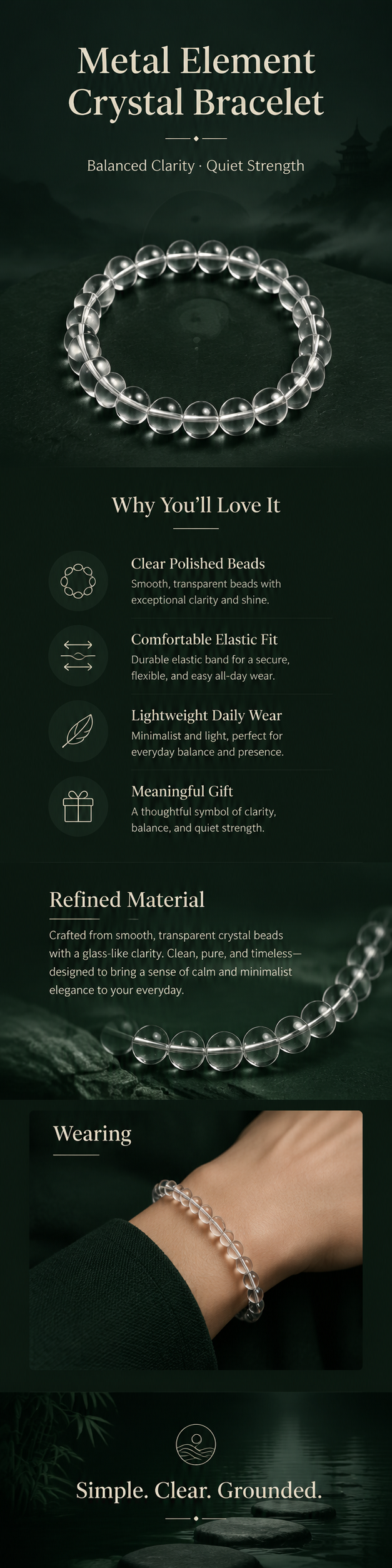 Metal element crystal bracelet with clear beads for Daoist five phases reflection image 2