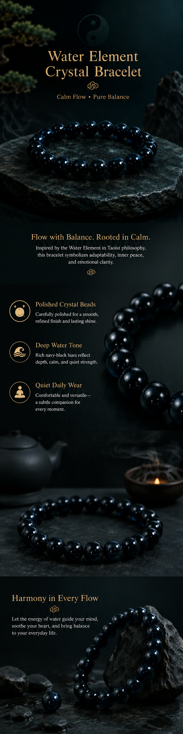 Dark water element crystal bracelet for Daoist five phases stillness symbolism image 3
