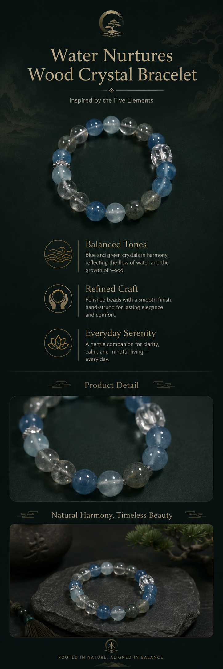 Water nourishes Wood crystal bracelet with blue and green beads