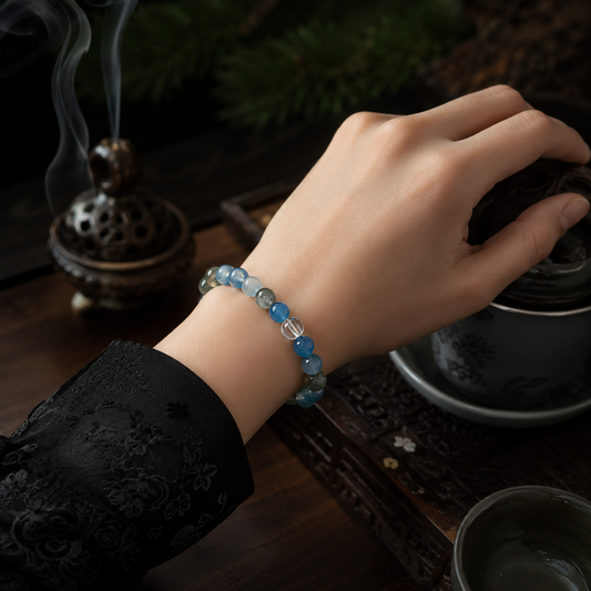 Water nourishes Wood crystal bracelet with blue and green beads image 3