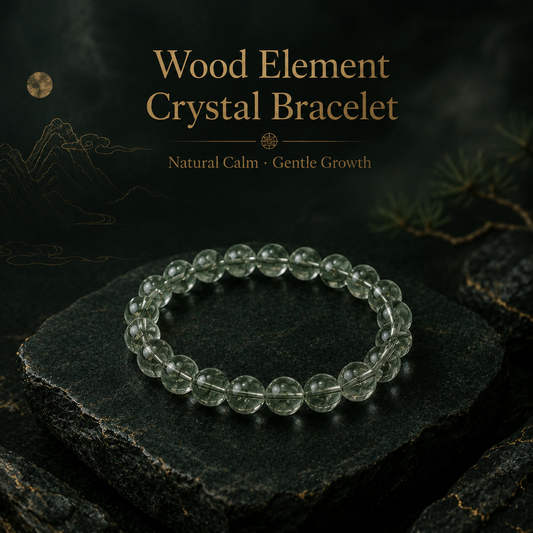 Wood element crystal bracelet with green-toned beads for renewal and growth symbolism