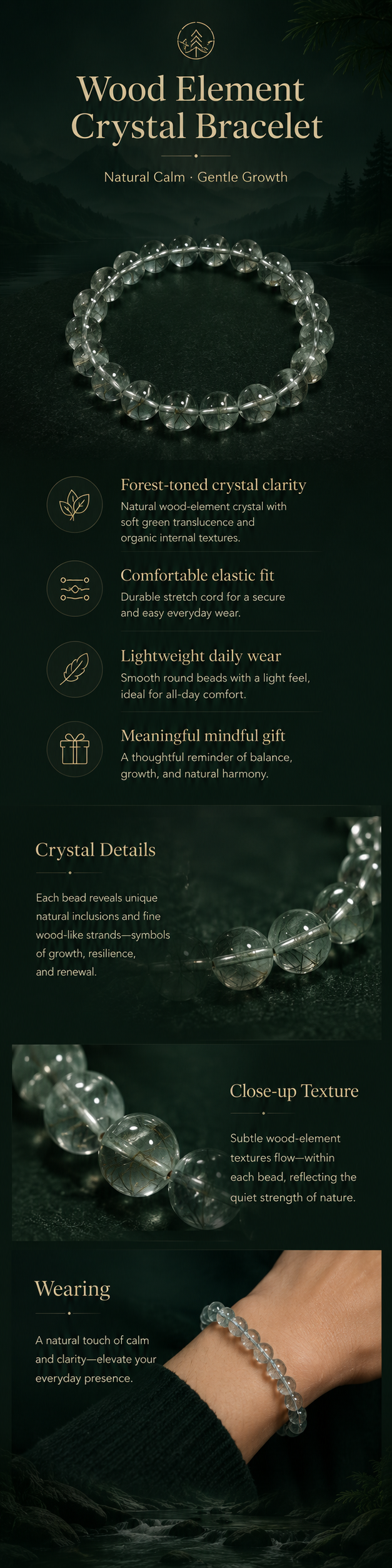 Wood element crystal bracelet with green-toned beads for renewal and growth symbolism image 3