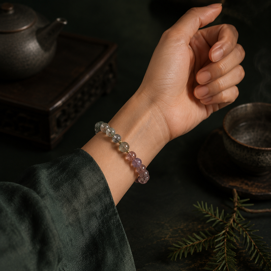 Wood feeds Fire crystal bracelet with green and purple beads