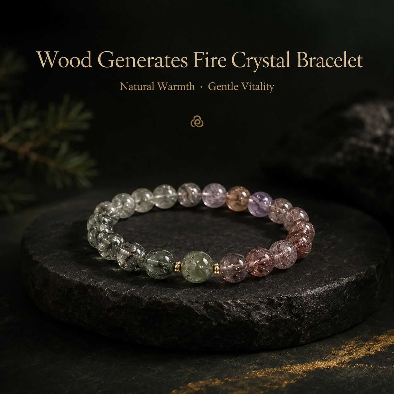 Wood feeds Fire crystal bracelet with green and purple beads image 3